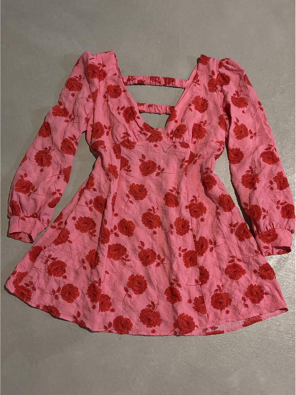 Crystal Doll Pink Floral Long Sleeve Mini Dress with Back Straps